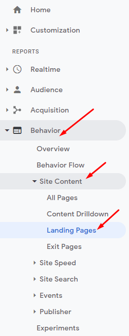 google analytics report behavior site content landing pages